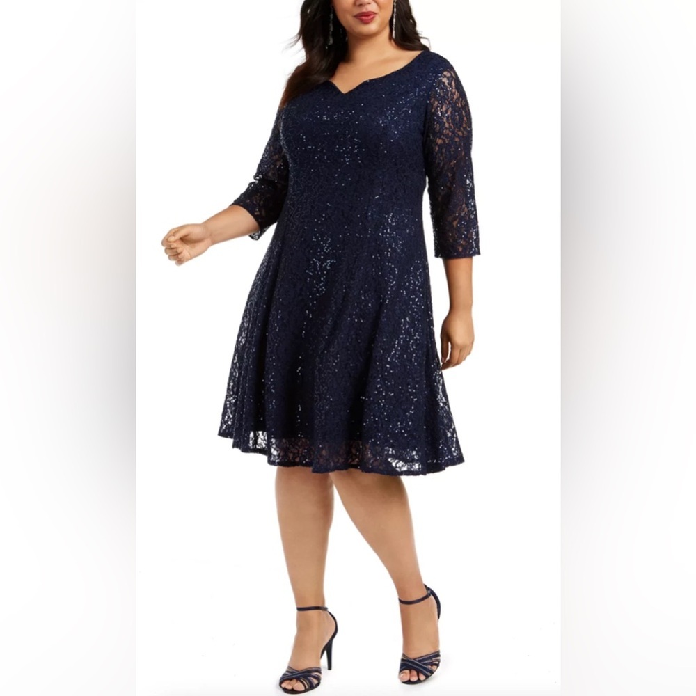 SLNY Navy Sequin Long Sleeve Dress
